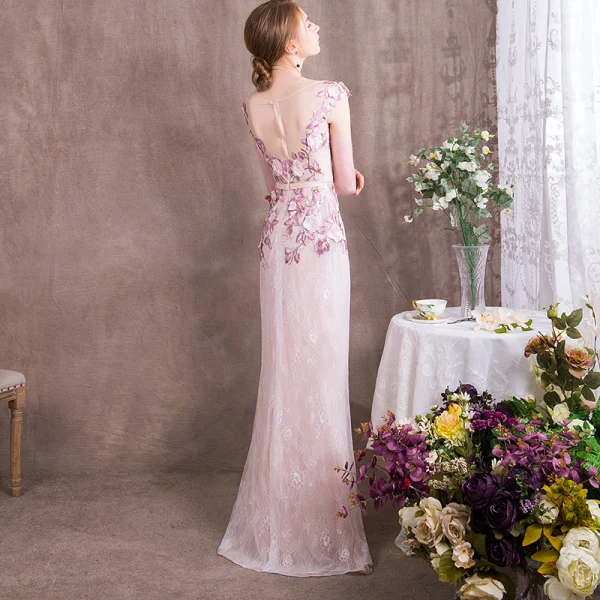 Chic / Beautiful Candy Pink Evening Dresses  2018 Trumpet / Mermaid Appliques Sash Lace Scoop Neck Floor-Length / Long Formal Dresses