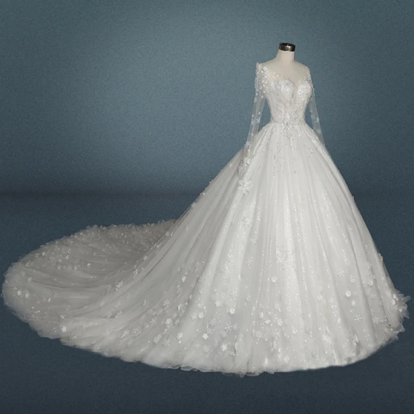 Luxury / Gorgeous Ivory Wedding Dresses 2019 A-Line / Princess Scoop Neck Beading Lace Flower Appliques Crystal Pearl Long Sleeve Backless Royal Train