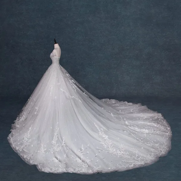 Charming Ivory Wedding Dresses 2019 A-Line / Princess Scoop Neck Beading Crystal Sequins Lace Flower Short Sleeve Backless Cathedral Train