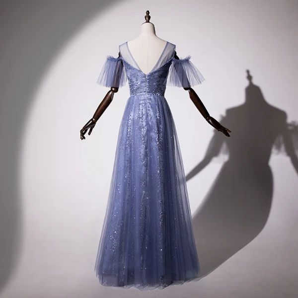 Modern / Fashion Ocean Blue Evening Dresses 2019 A-Line / Princess Scoop Neck Star Sequins Short Sleeve Backless Floor-Length / Long Formal Dresses