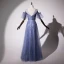 Modern / Fashion Ocean Blue Evening Dresses  2019 A-Line / Princess Scoop Neck Star Sequins Short Sleeve Backless Floor-Length / Long Formal Dresses