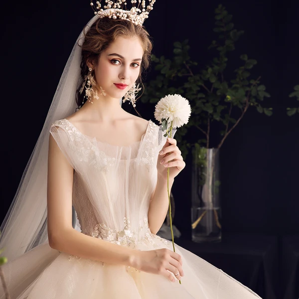 Charming Champagne Wedding Dresses 2020 Ball Gown Ruffle V-Neck Beading Pearl Lace Appliques Sequins Sleeveless Backless Royal Train
