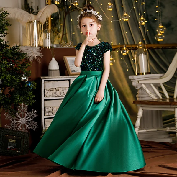 Chic Beautiful Dark Green Sash Sequins Birthday Flower Girl Dresses Ball Gown 2021 Satin Chic Beautiful Dark Green Sash Sequins Birthday Flower Girl Dresses Ball Gown 2021 Satin