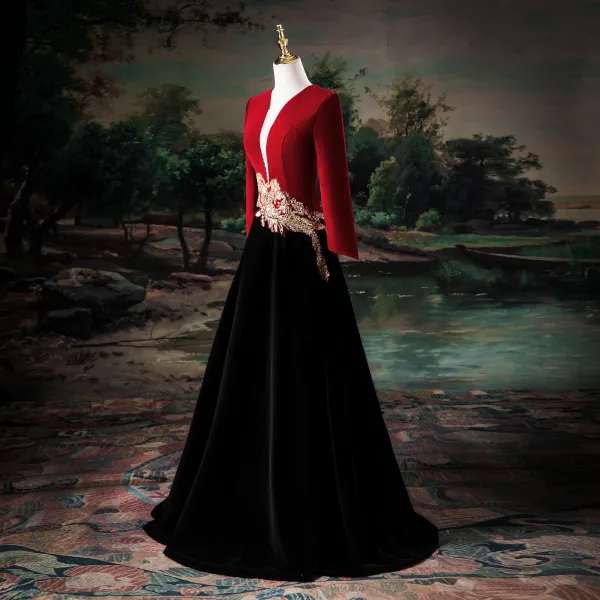 Vintage Rød To farger Beading Ballkjoler 2025 Prinsesse V-Hals Langermede Ryggløse Lange Ball Formelle Kjoler