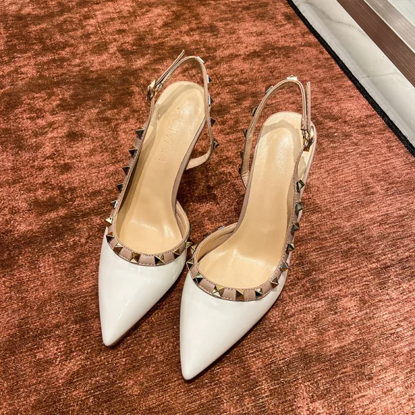 Moda Beżowe Wieczorowe Nit Slingback Sandały Damskie 2021 8 cm Szpilki Szpiczaste Sandały Wysokie Obcasy