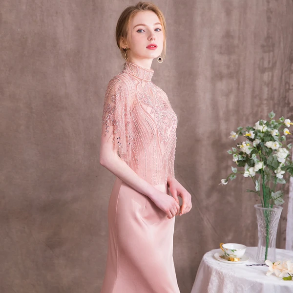 Luxury / Gorgeous Pearl Pink Evening Dresses  2018 Trumpet / Mermaid Beading Crystal Rhinestone Pearl High Neck Backless Short Sleeve Sweep Train Formal Dresses