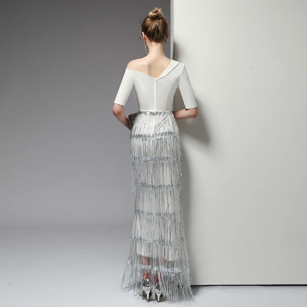 Sexy Ivory / Creme Abendkleider 2020 Meerjungfrau One-Shoulder Pailletten Perlenstickerei Quaste 1/2 Ärmel Rückenfreies Lange Festliche Kleider