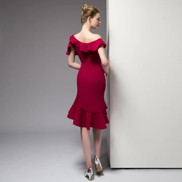 Chic / Beautiful Burgundy Graduation Dresses 2020 Homecoming Trumpet / Mermaid One-Shoulder Short Sleeve Zipper Up at Side Knee-Length Formal Dresses Chic / Beautiful Burgundy Graduation Dresses 2020 Homecoming Trumpet / Mermaid One-Shoulder Short Sleeve Zipper Up at Side Knee-Length Formal Dresses