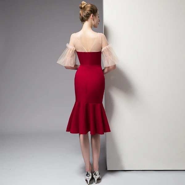Chic / Beautiful Red Homecoming Graduation Dresses 2020 Trumpet / Mermaid Short Sleeve V-Neck Backless Knee-Length Formal Dresses