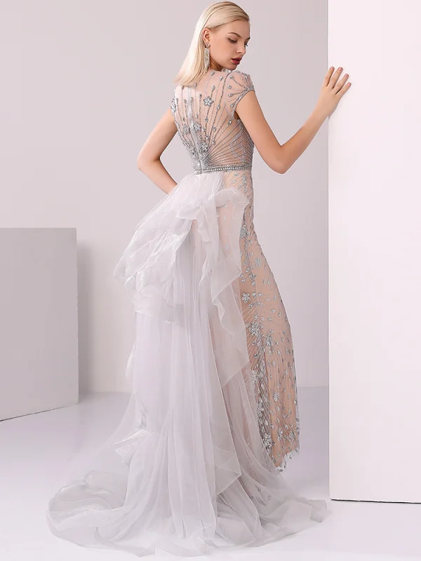 Haut de Gamme Champagne Gris Robe De Soirée 2020 Trompette / Sirène Encolure Dégagée Fait main Perlage Cristal Faux Diamant Manches Courtes Train De Balayage Robe De Ceremonie