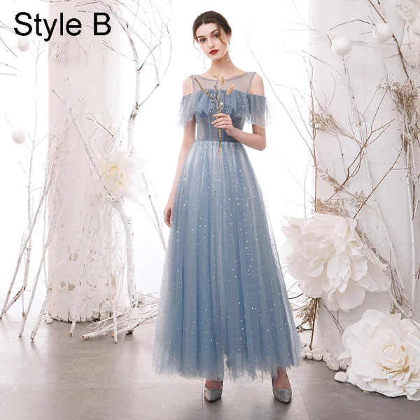 Modern / Fashion Sky Blue Star Sequins Bridesmaid Dresses 2021 A-Line / Princess Off-The-Shoulder Short Sleeve Backless Floor-Length / Long Wedding Party Dresses