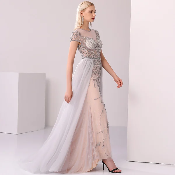 High-end Champagne Grey Evening Dresses 2020 A-Line / Princess Scoop Neck Handmade Beading Crystal Rhinestone Short Sleeve Floor-Length / Long Formal Dresses