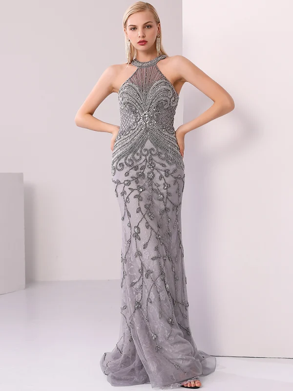 Luxury / Gorgeous Grey Evening Dresses  2020 Trumpet / Mermaid Scoop Neck Handmade  Beading Crystal Rhinestone Pearl Sleeveless Sweep Train Formal Dresses