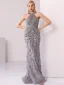 Luxury / Gorgeous Grey Evening Dresses  2020 Trumpet / Mermaid Scoop Neck Handmade  Beading Crystal Rhinestone Pearl Sleeveless Sweep Train Formal Dresses