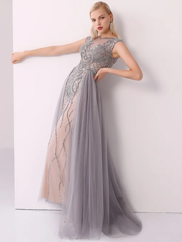 Luxury / Gorgeous Champagne Grey Handmade  Beading Evening Dresses  2020 A-Line / Princess Scoop Neck Crystal Pearl Rhinestone Sleeveless Floor-Length / Long Formal Dresses