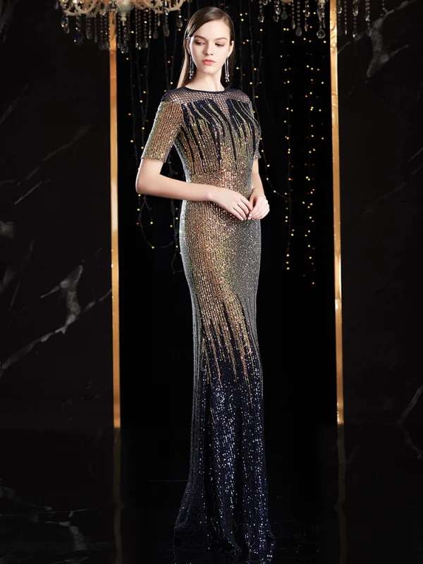 Charmant Multi-Couleurs Robe De Soirée 2020 Trompette / Sirène Encolure Dégagée Fait main Perlage Cristal Paillettes Manches Courtes Longue Robe De Ceremonie