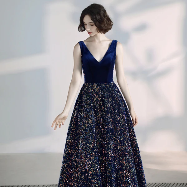 Elegant Royal Blue Prom Dresses 2020 A-Line / Princess Suede V-Neck Sequins Sleeveless Backless Floor-Length / Long Formal Dresses