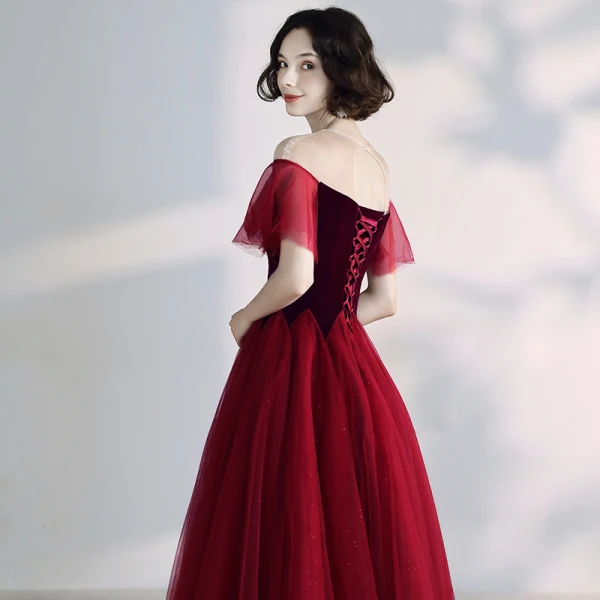 Chic / Beautiful Burgundy Prom Dresses 2019 A-Line / Princess Suede Scoop Neck Short Sleeve Backless Tea-length Formal Dresses