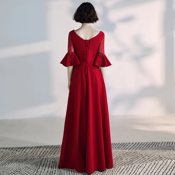 Elegant Burgundy Evening Dresses 2020 A-Line / Princess V-Neck Beading Crystal Tassel Bell sleeves Backless Floor-Length / Long Formal Dresses