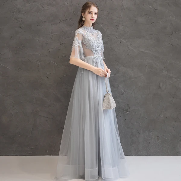 Elegant Grey Evening Dresses 2019 A-Line / Princess High Neck Beading Crystal Lace Flower 1/2 Sleeves Backless Floor-Length / Long Formal Dresses