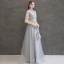 Elegant Grey Evening Dresses  2019 A-Line / Princess High Neck Beading Crystal Lace Flower 1/2 Sleeves Backless Floor-Length / Long Formal Dresses