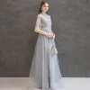 Elegant Grey Evening Dresses  2019 A-Line / Princess High Neck Beading Crystal Lace Flower 1/2 Sleeves Backless Floor-Length / Long Formal Dresses