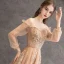 Charming Gold Evening Dresses  2020 A-Line / Princess Off-The-Shoulder Beading Appliques Lace Flower Crystal Pearl Long Sleeve Backless Floor-Length / Long Formal Dresses