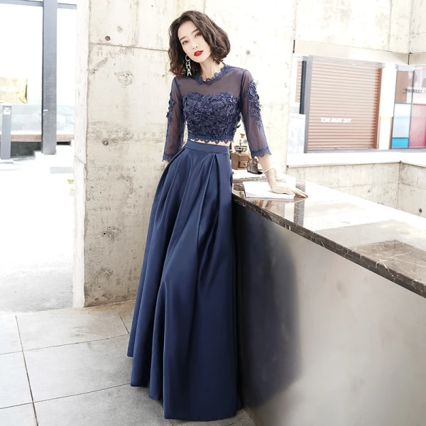 Elegant 2 Piece Navy Blue Evening Dresses 2020 A-Line / Princess Scoop Neck Pearl Lace Flower 3/4 Sleeve Floor-Length / Long Formal Dresses Elegant 2 Piece Navy Blue Evening Dresses 2020 A-Line / Princess Scoop Neck Pearl Lace Flower 3/4 Sleeve Floor-Length / Long Formal Dresses