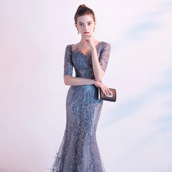 Charmant Gris Robe De Soirée 2020 Trompette / Sirène V-Cou Paillettes 1/2 Manches Dos Nu Longue Robe De Ceremonie