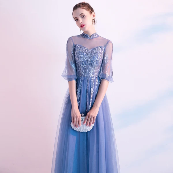 Chic / Beautiful Ocean Blue Evening Dresses 2020 A-Line / Princess High Neck Rhinestone Lace Flower 1/2 Sleeves Backless Floor-Length / Long Formal Dresses