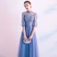 Chic / Beautiful Ocean Blue Evening Dresses  2020 A-Line / Princess High Neck Rhinestone Lace Flower 1/2 Sleeves Backless Floor-Length / Long Formal Dresses