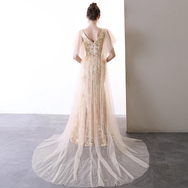 Charmant Champagne Robe De Soirée 2020 Trompette / Sirène V-Cou En Dentelle Faux Diamant Manches Courtes Dos Nu Train De Balayage Robe De Ceremonie