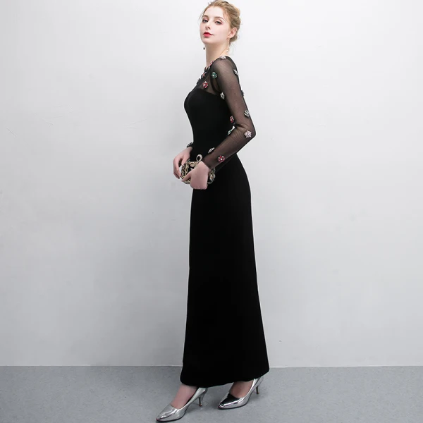 Elegant Black Evening Dresses 2018 Trumpet / Mermaid Crystal Scoop Neck See-through Long Sleeve Ankle Length Formal Dresses