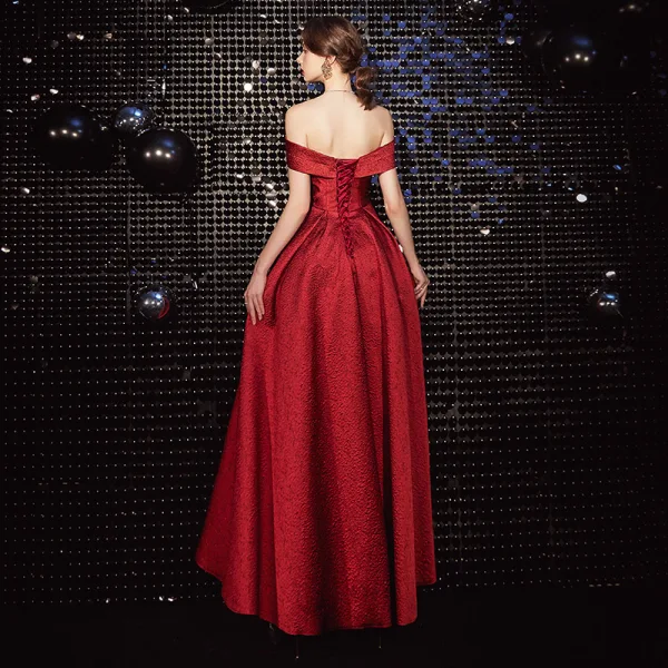 Chic / Beautiful Red Evening Dresses 2020 A-Line / Princess Off-The-Shoulder Sleeveless Backless Floor-Length / Long Formal Dresses