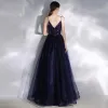 Charming Navy Blue Prom Dresses 2020 A-Line / Princess Beading Sequins Spaghetti Straps Bow Sleeveless Floor-Length / Long Formal Dresses