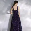 Sparkly Purple Starry Sky Evening Dresses  2020 A-Line / Princess Square Neckline Beading Sequins Sleeveless Backless Floor-Length / Long Formal Dresses