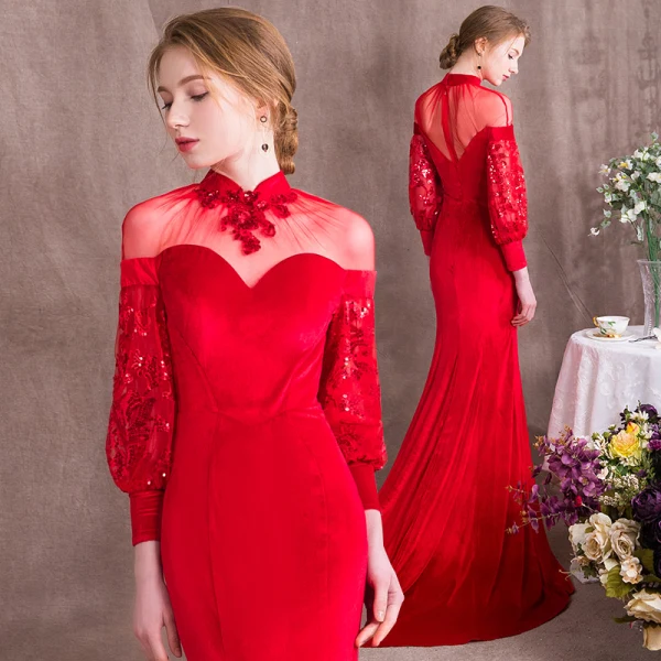 Modern / Fashion Chinese style Red Evening Dresses 2018 Trumpet / Mermaid Sequins High Neck Long Sleeve Sweep Train Formal Dresses