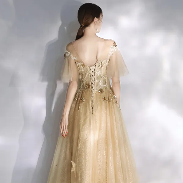 Modern / Fashion Champagne Evening Dresses  2020 A-Line / Princess Scoop Neck Star Lace Sequins Short Sleeve Backless Floor-Length / Long Formal Dresses