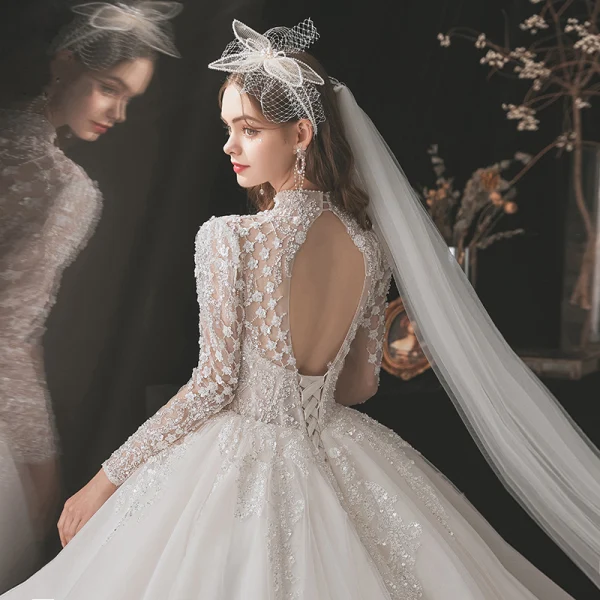 Chinese style Vintage / Retro Ivory Beading Wedding Dresses 2021 Ball Gown High Neck Pearl Sequins Long Sleeve Backless Royal Train Wedding