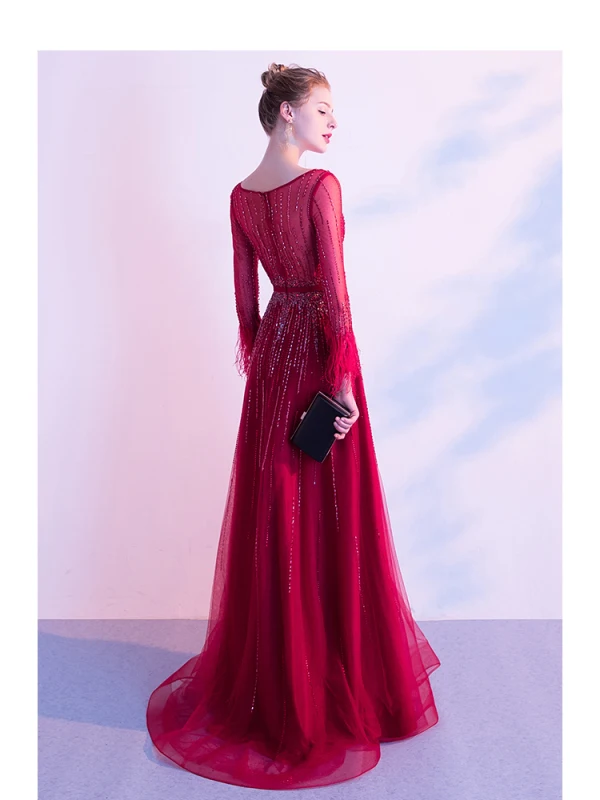 High-end Red Evening Dresses  2020 A-Line / Princess Scoop Neck Beading Crystal Sequins Sash Long Sleeve Floor-Length / Long Formal Dresses