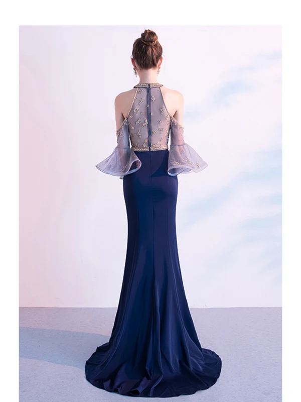Haut de Gamme Bleu Marine Robe De Soirée 2020 Trompette / Sirène Encolure Dégagée Perlage Cristal Paillettes Manches Courtes Train De Balayage Robe De Ceremonie