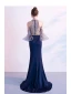 Haut de Gamme Bleu Marine Robe De Soirée 2020 Trompette / Sirène Encolure Dégagée Perlage Cristal Paillettes Manches Courtes Train De Balayage Robe De Ceremonie
