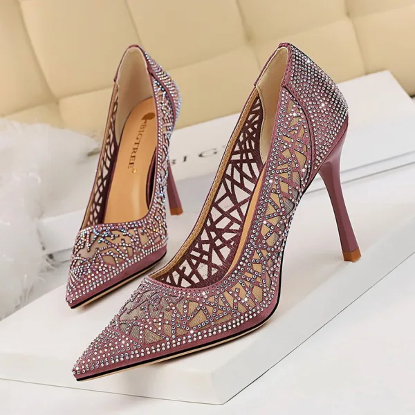 Charmant Doré Soirée Escarpins 2019 Faux Diamant 9 cm Talons Aiguilles À Bout Pointu Escarpins