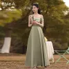 Modest / Simple Sage Green Bridesmaid Dresses 2021 A-Line / Princess Off-The-Shoulder Short Sleeve Backless Floor-Length / Long Wedding Party Dresses