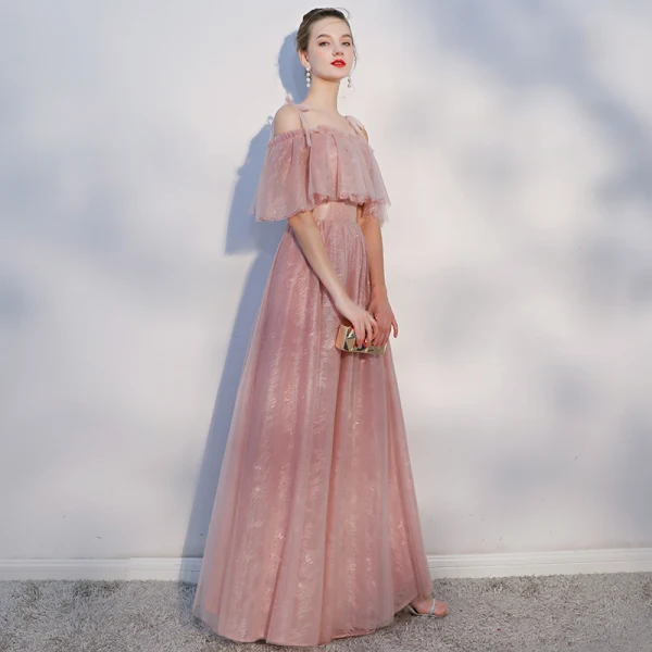 Chic / Beautiful Casual Pearl Pink Evening Dresses 2018 A-Line / Princess Spaghetti Straps Backless Short Sleeve Floor-Length / Long Formal Dresses