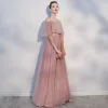 Chic / Beautiful Casual Pearl Pink Evening Dresses  2018 A-Line / Princess Spaghetti Straps Backless Short Sleeve Floor-Length / Long Formal Dresses