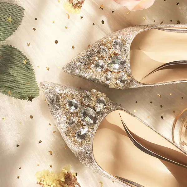 Glitter Zilveren Huwelijk Bruidsmeisjes Pumps 2019 Rhinestone Pailletten 8 cm Naaldhakken / Stiletto Spitse Neus Bruidsschoenen