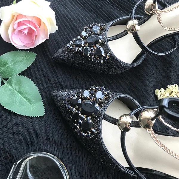 Scintillantes Argenté Mariage Demoiselle D'honneur Talons Hauts 2019 T-Strap Faux Diamant Paillettes 8 cm Talons Aiguilles À Bout Pointu Chaussure De Mariée
