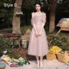 Modest / Simple Blushing Pink Bridesmaid Dresses 2021 A-Line / Princess V-Neck Short Sleeve Backless Tea-length Wedding Party Dresses