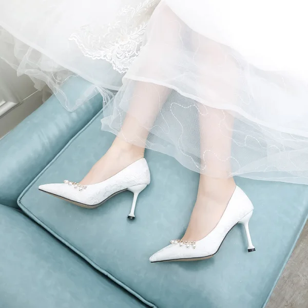 Modern / Fashion Red Wedding Shoes 2020 Lace Rhinestone Pearl 8 cm Stiletto Heels Pointed Toe Wedding Pumps